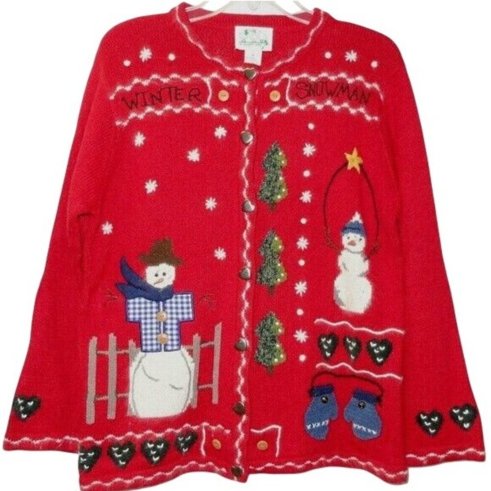 Vintage Quacker Factory Size M Womens Christmas Cardigan Sweater Snowmen Trees